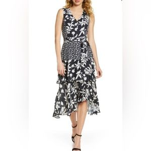 Sam Edelman - Black and White Floral V-Neck Sleeveless Midi Dress (12)